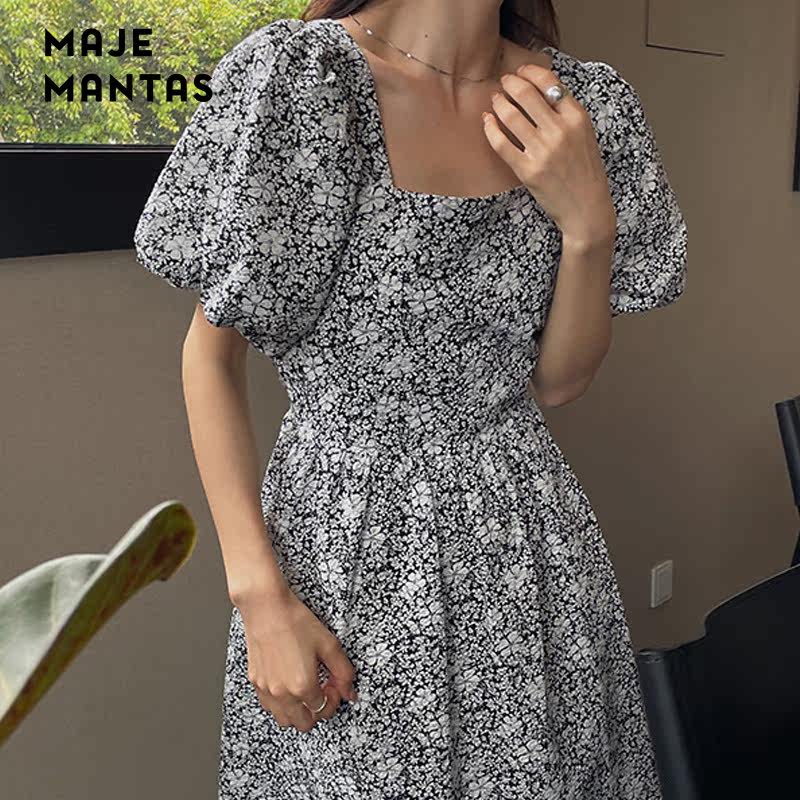 Maje mantas 2022 new square neck floral dress small puff sleeve A-line skirt high-quality