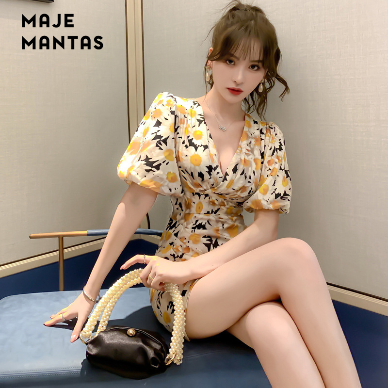 Maje mantas French daisy floral dress 2022 new retro short skirt puff sleeve bellflower skirt