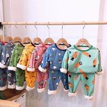 Childrens Korean version of thermal underwear suit plus velvet thickening girls autumn clothes long pants boys baby warm clothes autumn and winter