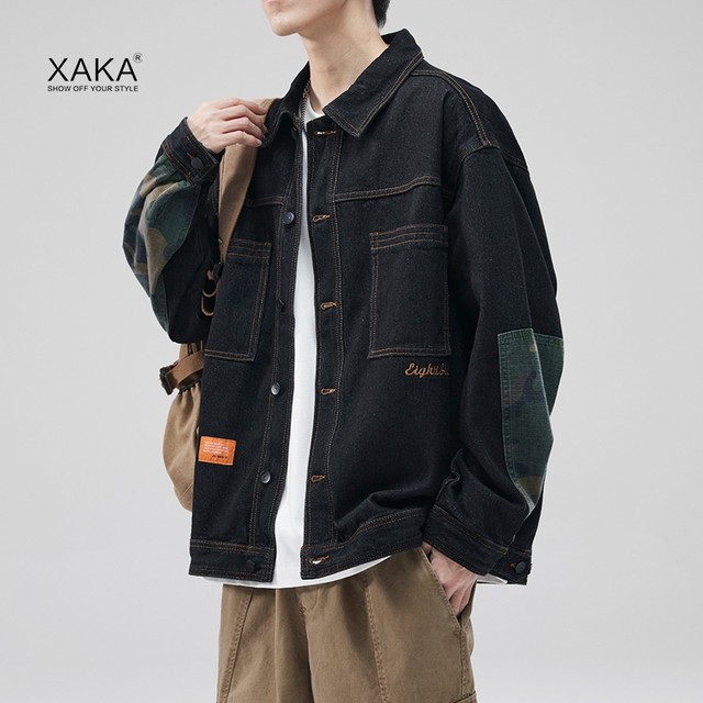 XAKA spring and autumn spliced ​​casual jacket men's retro top lapel casual workwear spring new denim jacket trend