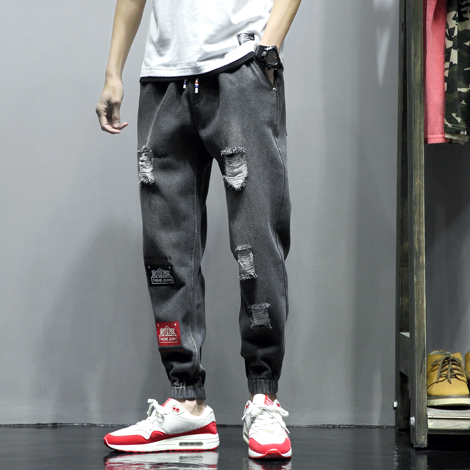 Hong Kong tide brand printed ripped jeans trousers men plus fat big size fat loose bunch small feet casual harem pants