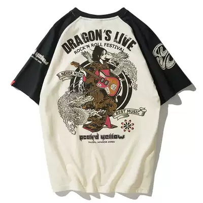 Hong Kong trendy brand Japanese retro motorcycle rock burst sound mother printed short-sleeved T-shirt raglan men's and women's half-sleeved couples