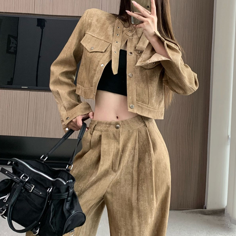 Trendy Korean-Style Fashion Suit for Women, Autumn and Winter, Khaki Blazer Short Jacket and Wide-Leg Pants Two-Piece Set