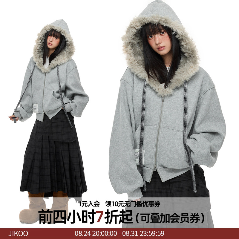 Jikoo【Puppy】Korean-Style Gray Sweatshirt Jacket for Women, Autumn and Winter, Loose Fit, Fur Collar, Hooded, Fleece-Lined Top