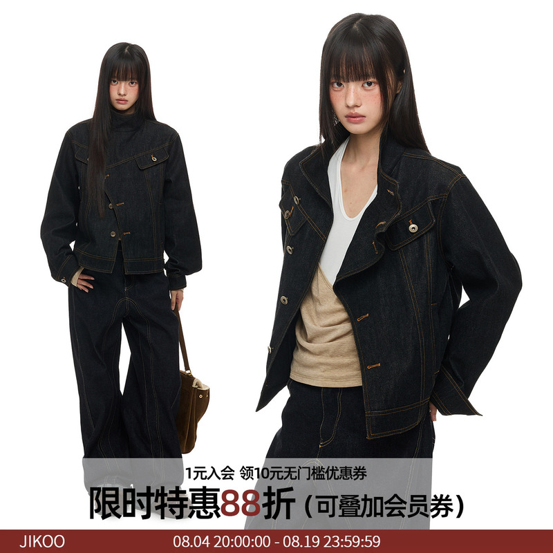 Jikoo【Pulus】Original Cowhide Texture Denim Autumn Jacket Oversized Denim Stand Collar Jacket Top Jikoo【Pulus】Original Cowhide Texture Denim Autumn Jacket Oversized Denim Stand Collar Jacket Top