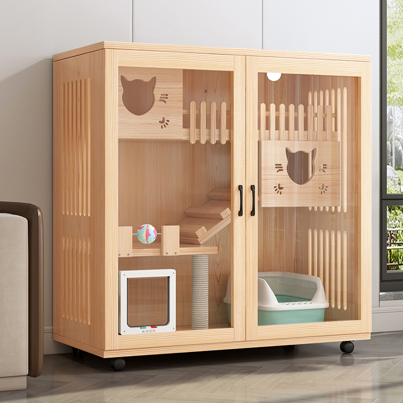 Solid wooden cage luxury cat villa household cat's nest room super large two-story cat house breeding cat cage three-story cat house