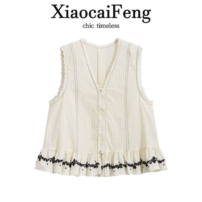 Korean-Style Retro V-Neck Lace Trim Embroidered Sleeveless Blouse for Women, Summer Design with Ruffled Edges, Stylish Top
