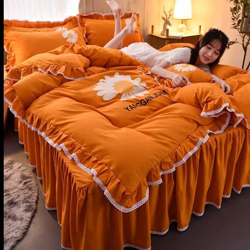 Advanced four-piece set of pure cotton bed skirt Korean version of washed cotton bed skirt four-piece set of princess wind ruffled bedspread on the bed