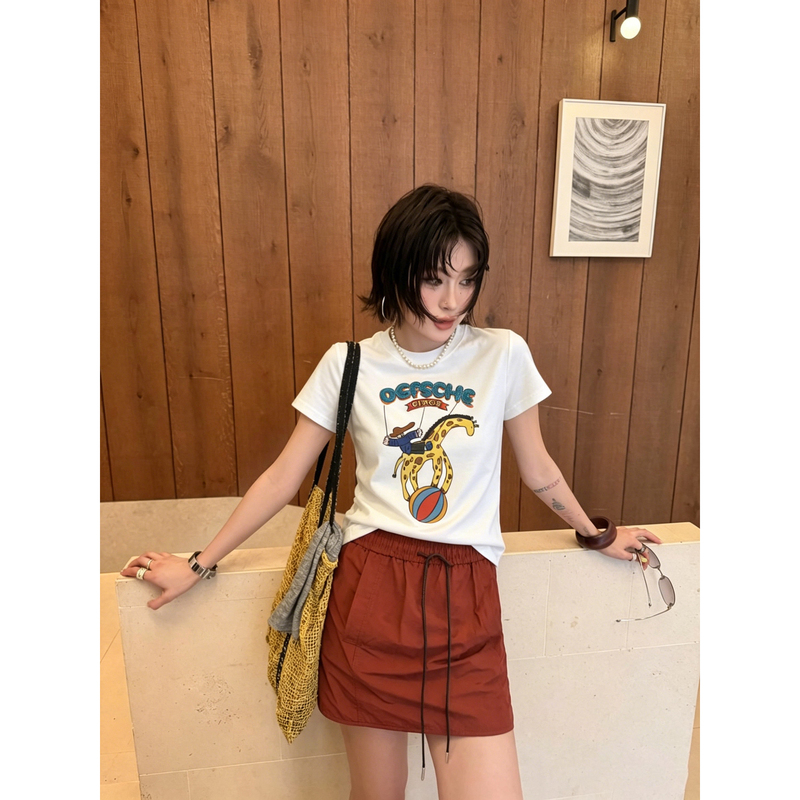 More..Youyou Bear - Summer New Round Neck Giraffe Print Letter Short Sleeve T-Shirt 0102