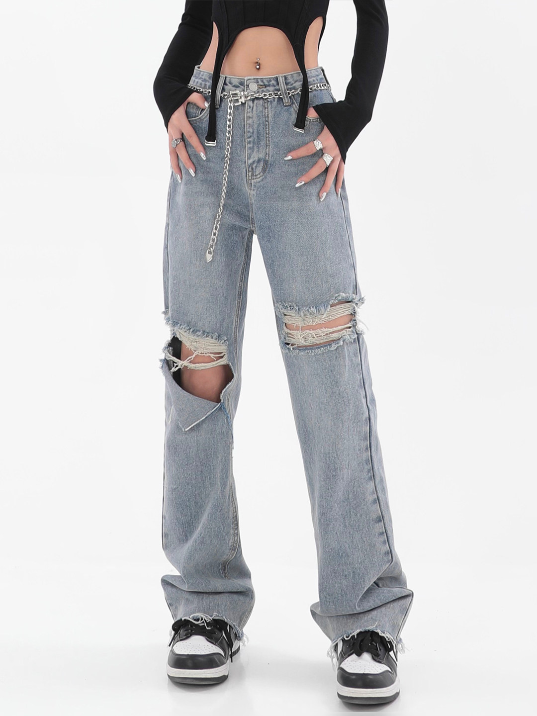 Ripped jeans women's autumn and winter new American style retro high street design sense high waist straight mopping pants ins tide