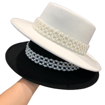 Flat top hat for women fashionable pearl chain elegant woolen basin hat versatile womens black fisherman hat in autumn and winter trendy