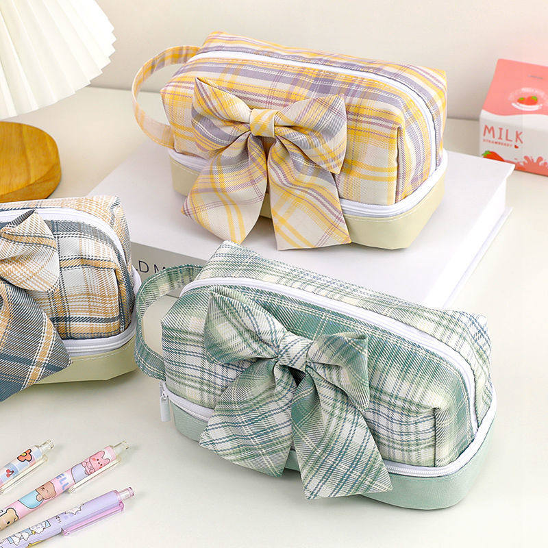 jk pencil bag ins japanese large capacity high face value plaid pencil bag girl 2021 online girl heart pencil bag