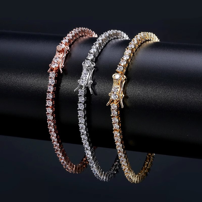 Bracelet with Moissanite, Gold Tennis Chain, Unisex Diamond Setting, Four-Prong Rose Gold 18K Gold White Gold Bracelet, S925 Sterling Silver Bangle