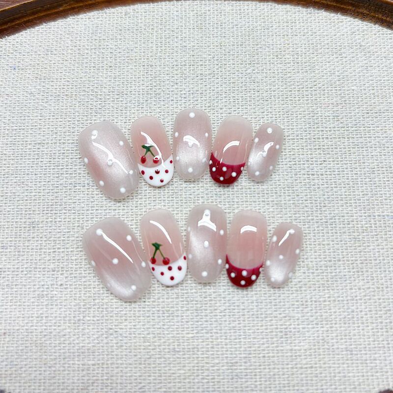 Pink and White Cherry Nude Color Contrasting French Polka Dot Cat Eye Wearable Nails Hand-Painted Cherry Oval Nail Art New Style for Girls Pink and White Cherry Nude Color Contrasting French Polka Dot Cat Eye Wearable Nails Hand-Painted Cherry Oval Nail Art New Style for Girls