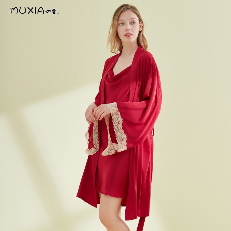 2022 new lace French pajamas spring and summer thin ice silk pajamas red bridal dressing gown bathrobe long version