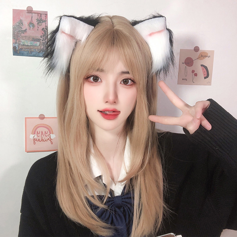 Wig female long hair full head cover summer air bangs long straight hair net red lolita golden simulation medium long wig cover