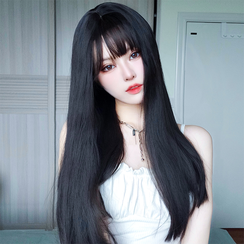 Wig female long hair full headgear summer simulation natural air bangs long straight hair net red black long straight medium long wig set