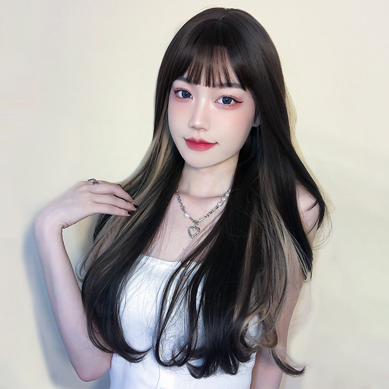 Wig female long hair summer natural head full-head net red round face colored ear dyed and dyed long straight hair simulation wig