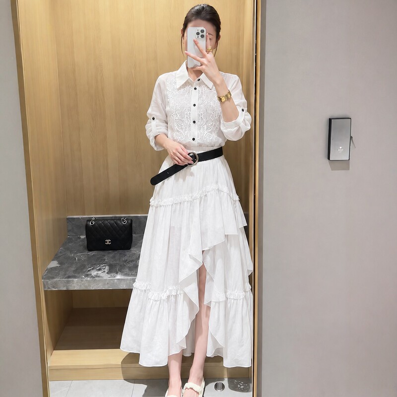 Korean Style High-Fashion White Collared Embroidered Shirt Dress for Women, Autumn Design with Belt, Irregular Lace Long Dress