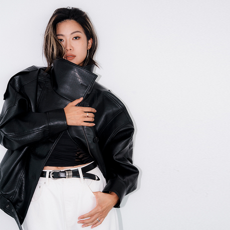 Tr She Hot Jacket Black Loose Leather Jacket Stand Collar Vintage Eco-Friendly Crocodile Pattern Leather Coat Badass Character