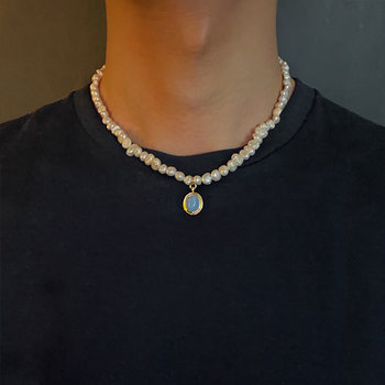 Pearl Necklace for Men and Women, Summer Light Luxury Niche Clavicle Chain Jewelry, Moonstone Pendant Choker, High-End Design Trend