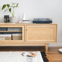 Open Huai TV cabinet] Original Nordic pure wood Tenon white wax black walnut glass Video cabinet