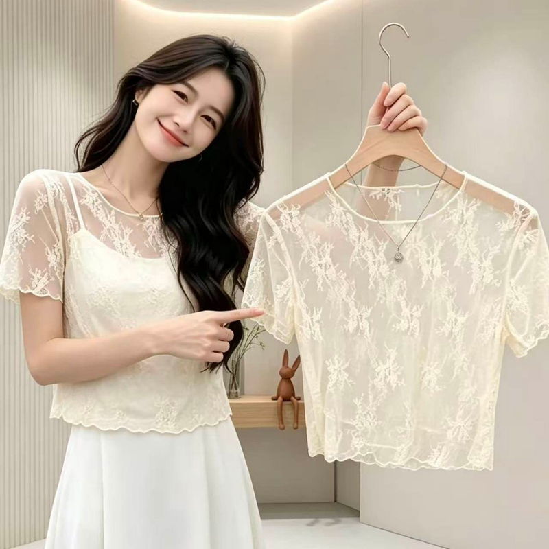 French Lace Top for Women, Light Luxury with a High-End Feel, Layered with Mesh, Short-Sleeved or Sleeveless, Covers the Arms and Is a Great Arm-Covering Accessory