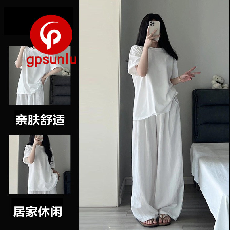 Japanese Niche Gp White Short-Sleeved Pajamas for Women, Summer Style, Korean Version, Loose-Fitting, Pure Cotton, Casual Loungewear Set, Can Be Worn Outside