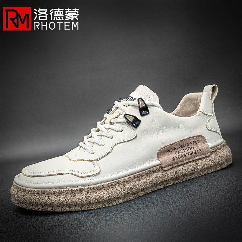 Lodemon Casual Sneakers Men's Shoes 2026 New European Style Hollow Leather Shoes Breathable Genuine Leather Sports Shoes White Shoes