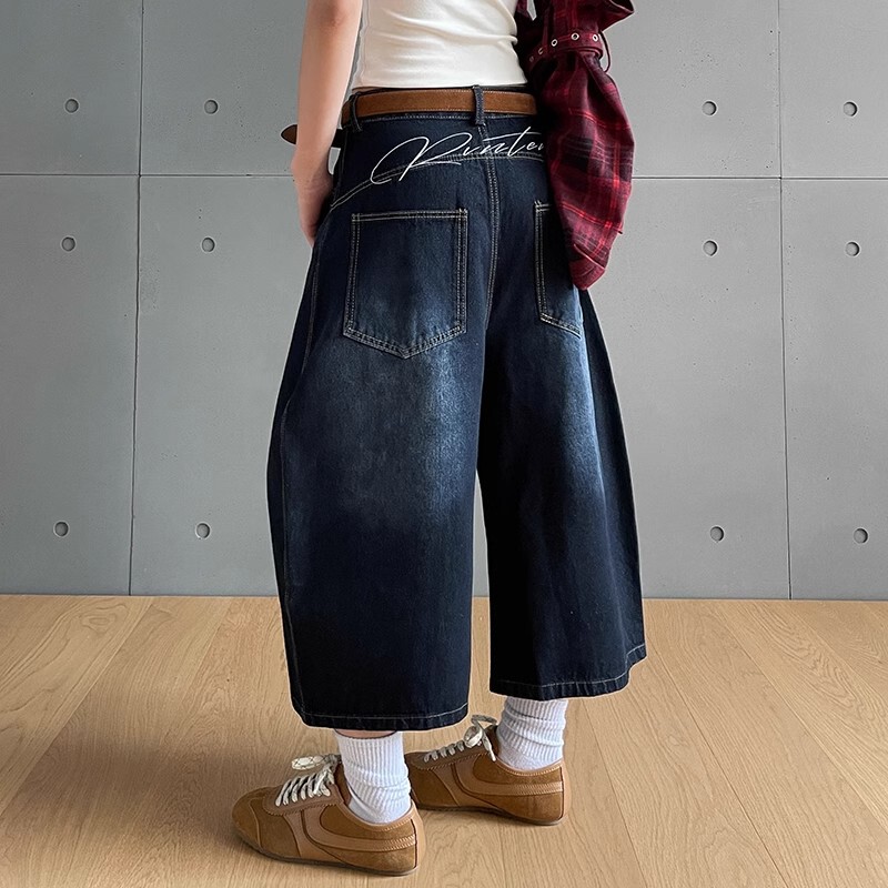 Summer Niche Embroidered Patchwork Scimitar Pants Jeans Unisex American Retro Wide-Leg Cropped Pants Shorts Trendy