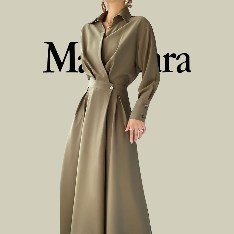 Mara's Elegant Slimming Shirt Dress 2025 Spring/Summer New Style High-End Raglan Sleeve High-Waisted Long Dress