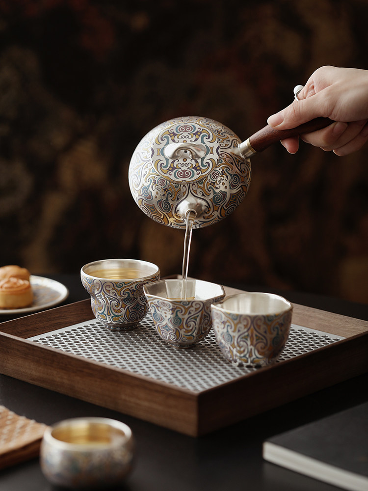 Mr. Ji's Dunhuang Gilt Silver Kung Fu Tea Set, Forbidden City Five Blessings Tea Cup and Teapot Set, Is a Birthday Gift for Elders and Leaders