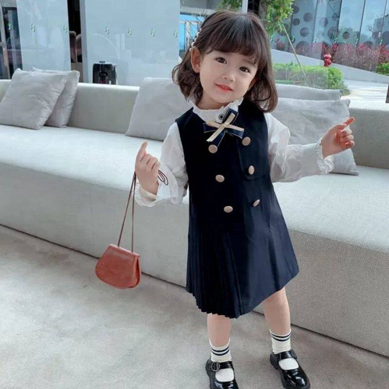 Girls dress spring 2022 new western style long-sleeved college style shirt vest skirt suit children's princess skirt