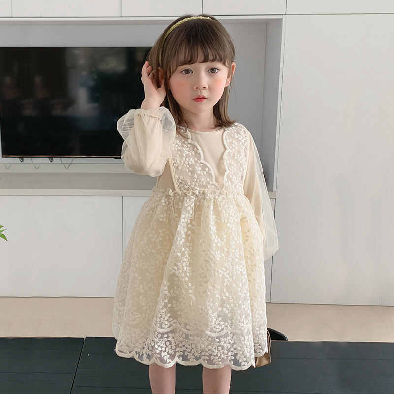 Girls' dresses fall 2022 new Western style lace children's fashionable Korean version long-sleeved mesh princess dress