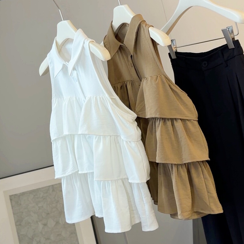 French-Style Polo Collar Ruffled Sleeveless Shirt for Women, New Summer Slim-Fit Casual Commuter Top