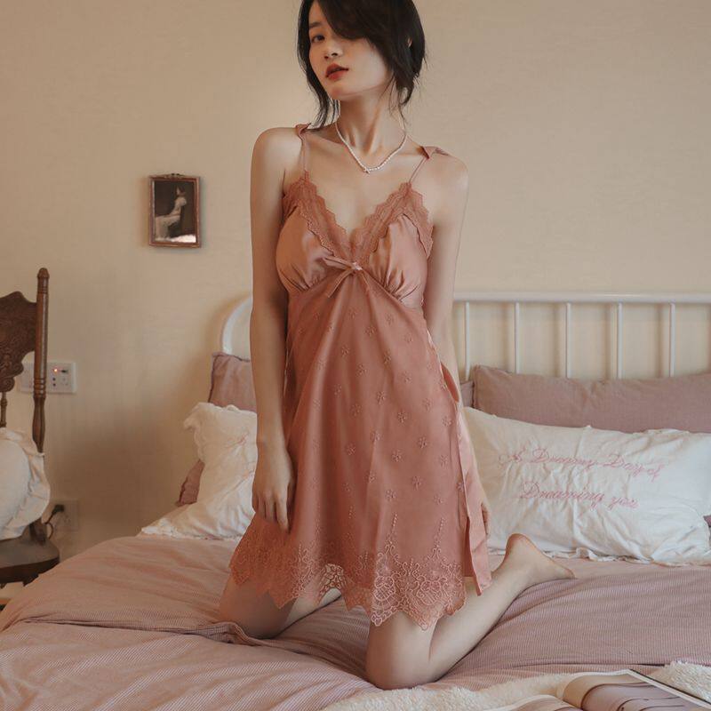 Sexy pajamas women 2022 new lace mesh gauze ice silk suspenders nightdress pure desire hot with chest pad emotional underwear