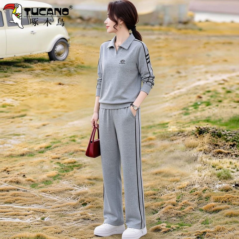 Woodpecker Mom Outfit Autumn Set Women's Polo Collar Sweatshirt Sportswear 2026 New Wide-Leg Pants Casual Two-Piece Set