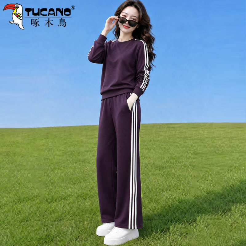 Woodpecker Mom Outfit Autumn Set Round Neck Sweatshirt Women's 2026 New Loose Casual Purple Sportswear Two-Piece Set