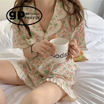 Japanese niche GP pajamas for women sweet ruffled floral cotton and linen summer short-sleeved shorts home wear two-piece set thin