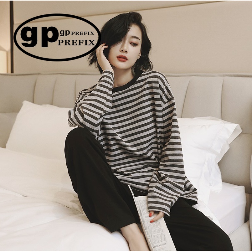 Japanese Niche GP Pyjamas Women's Spring Autumn Summer Pure Cotton Long Sleeves Full Cotton Loose Stripes can be worn outside the home Suits Suit-Taobao