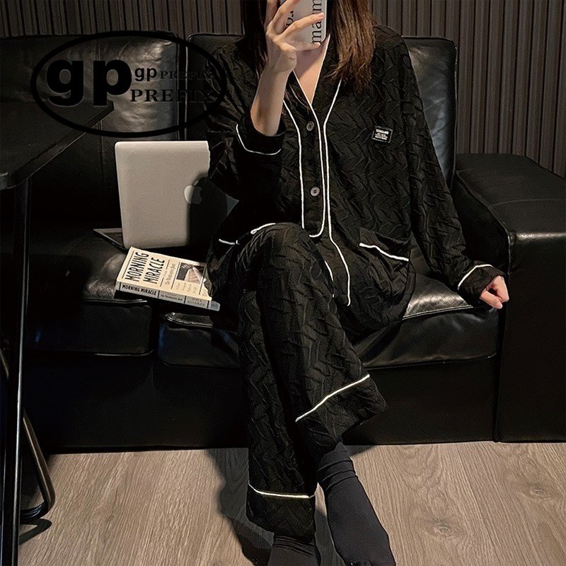 Japanese Niche GP Pyjamas Woman Spring Autumn Season Long Sleeve Pure Cotton Thin Net Red Black Embossed Cardiovert Casual Home-Taobao