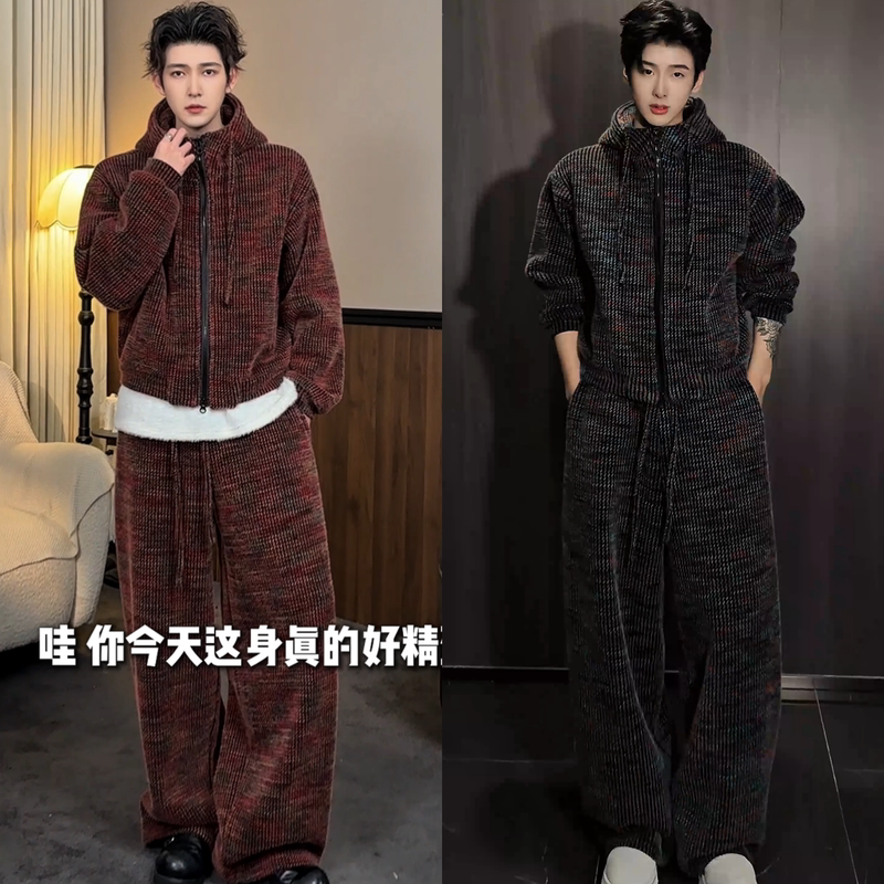 Winter New Arrival Colorful Casual Suit Trendy Cool Men's Fleece-Lined Hooded Cardigan Sweatshirt Casual Pants Two-Piece Set