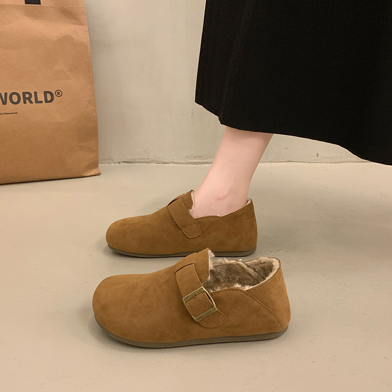 soft sole Fleece-Lined Birkenstock Shoes for Women, 2025 New Winter Genuine Leather Slip-On Loafers, Retro Full-Cover Cotton Shoes