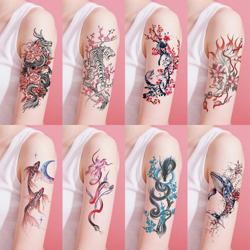 Fashionable Tattoo Stickers for Women, Waterproof, High-End, Colorful Dragon, Fox, Whale, Stylish Temporary Body Art for Men and Women