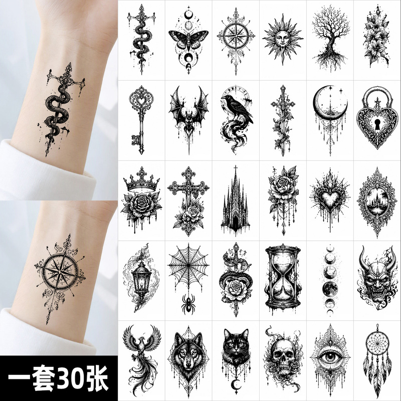 Washable and Removable Black Tattoo Stickers with Small Patterns for Men and Women, Waterproof, Dark Style, Cool New Style, Personalized