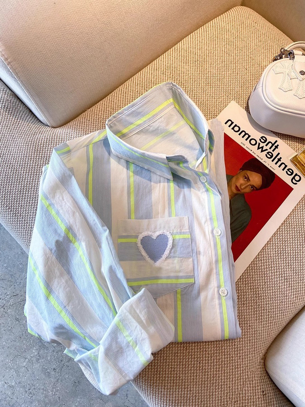 Fresh and Casual Style, Color-Blocked Striped Long-Sleeve Shirt for Men and Women, Summer Korean Style, Elegant, Age-Reducing, Versatile Sun-Protective Jacket