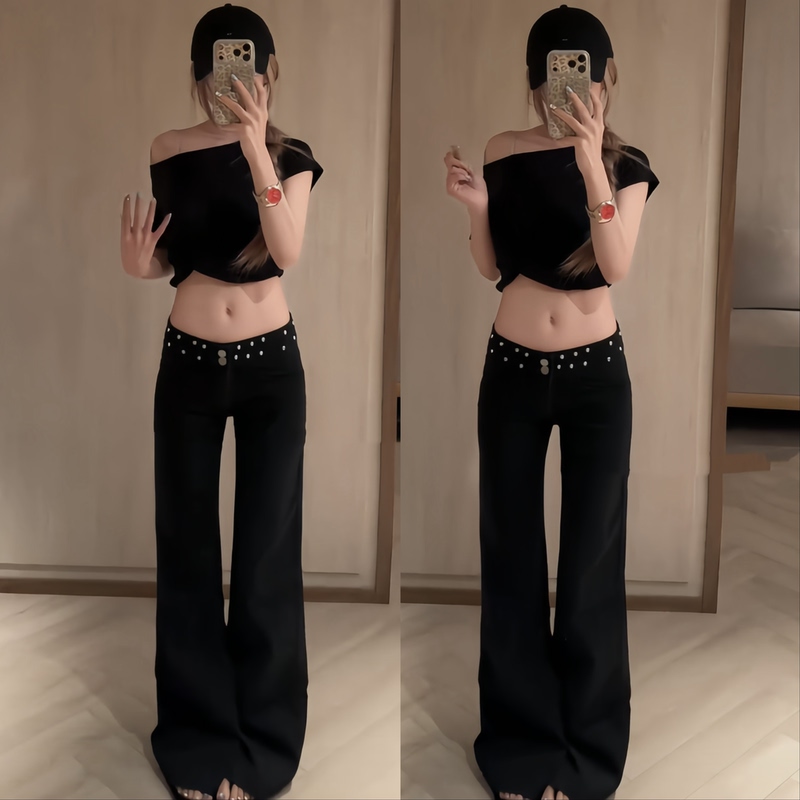 American-Style Black Studded Low-Rise Flared Jeans for Women, Loose Fit, Non-Tight on the Legs, Floor-Length Straight-Leg Bell-Bottom Pants for Spring and Autumn
