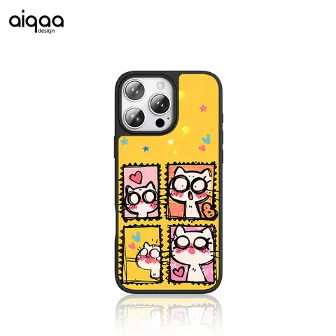Funny Animal Cartoon Cat Illustration Hearts Stars Pattern Synthetic Leather Case – Pro/Plus/Max/Air – iPhone 17, iPhone 16, iPhone 15, iPhone 14, iPhone 13, iPhone 12