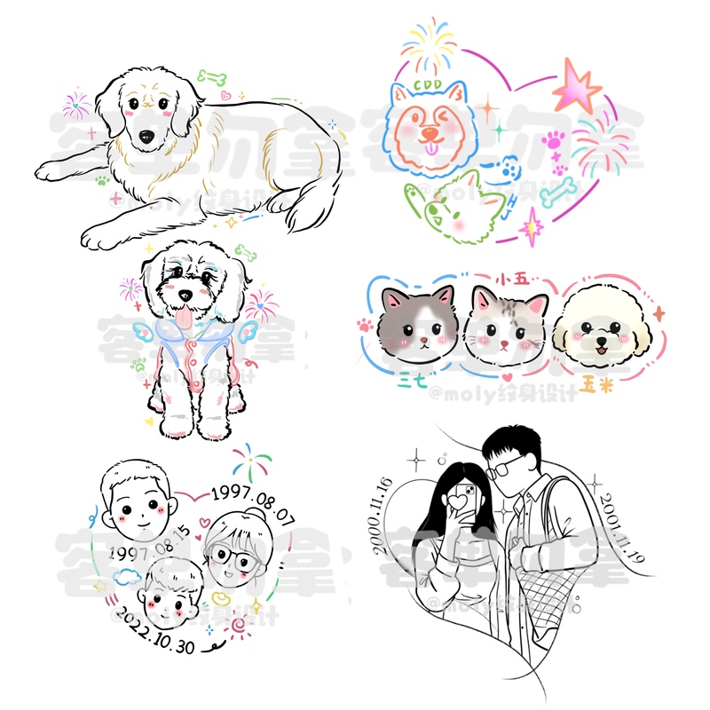 Pet Tattoo Design Colorful Hand-Drawn Line Style Sketch Tattoo Cover-Up Tattoo Sticker