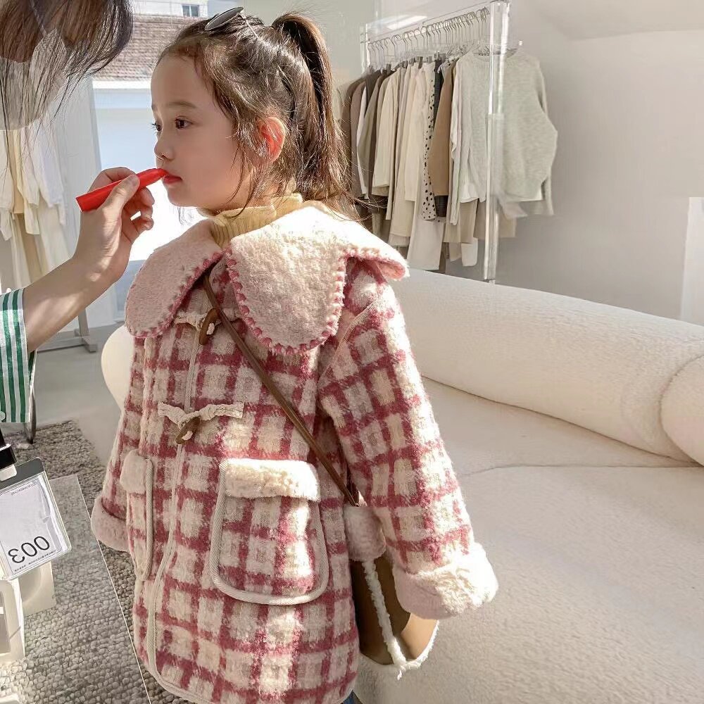 Girl Plaid Hair Coat 2021 Autumn Winter New Plus Suede Thickened Fur Integrated Child Korean Version Petal Tide